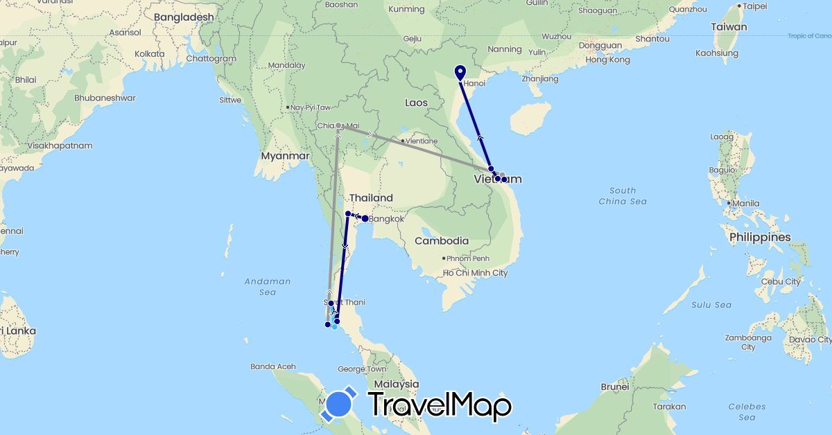 TravelMap itinerary: driving, plane, boat in Thailand, Vietnam (Asia)